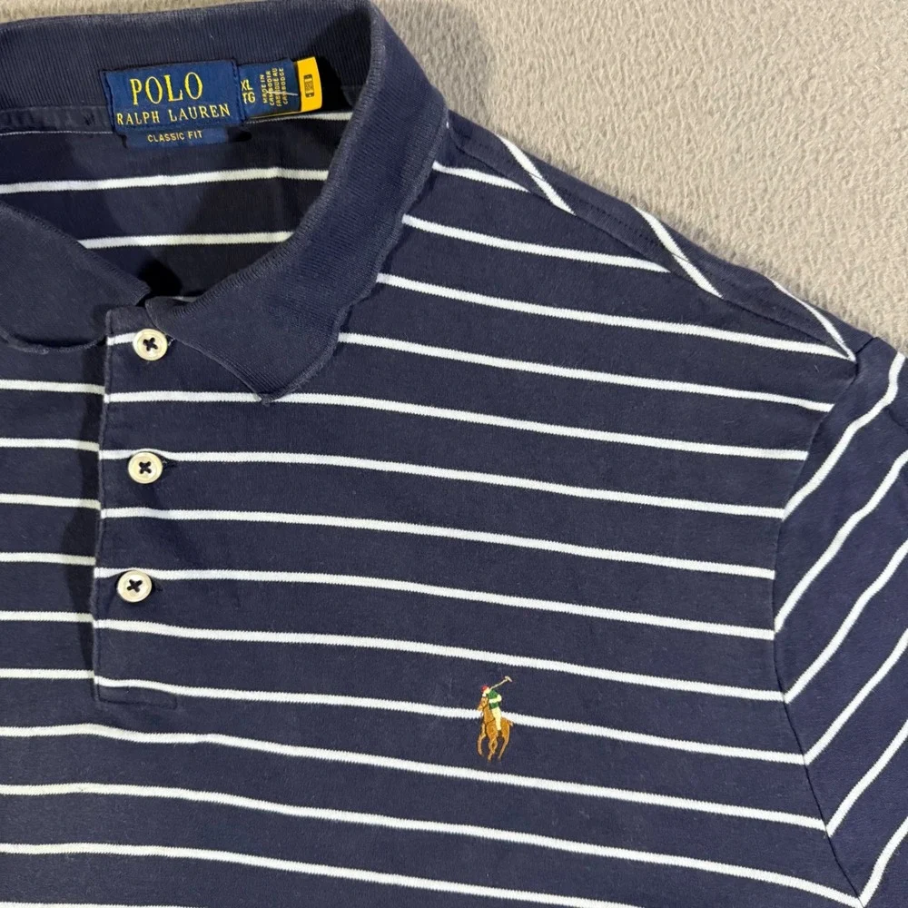 Polo Ralph Lauren Mens‎ XL Navy Blue Striped Classic Fit Polo Shirt Flesh Pony